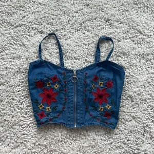 Denim flower zip up top